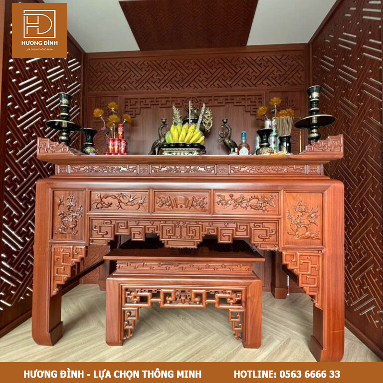 Mẫu bàn thờ gỗ gụ - họa tiết tứ quý của Hương Đình