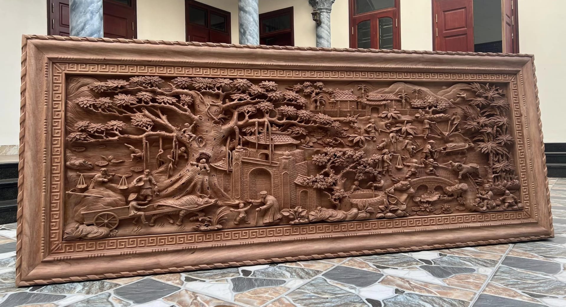 Tranh Gỗ Đồng Quê 268*107*8cm gỗ đỏ nam phi cao cấp