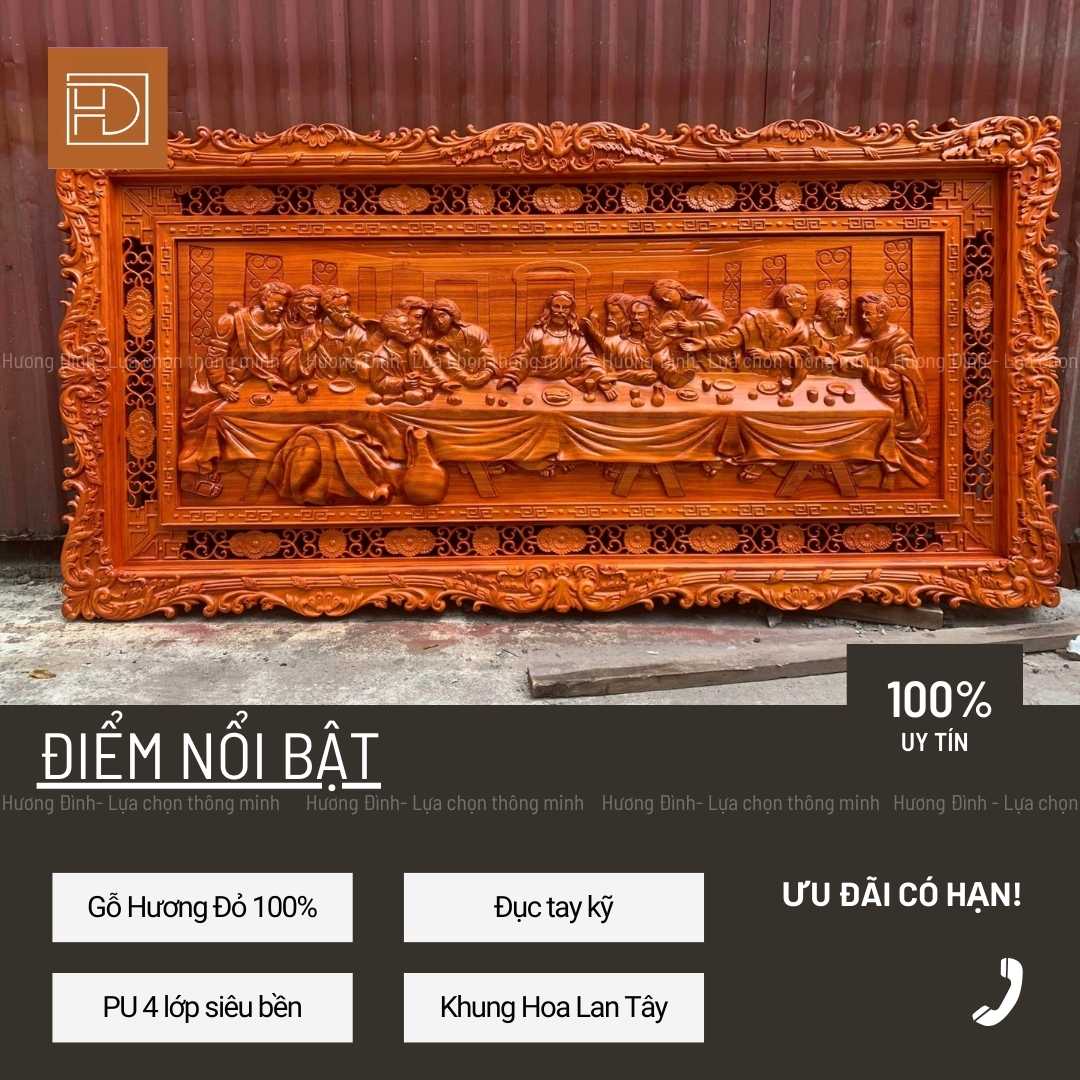 Ảnh chính diện của Tranh Bữa Tiệc Ly Gỗ Hương Đỏ KT 120x60x5 PU T336-3