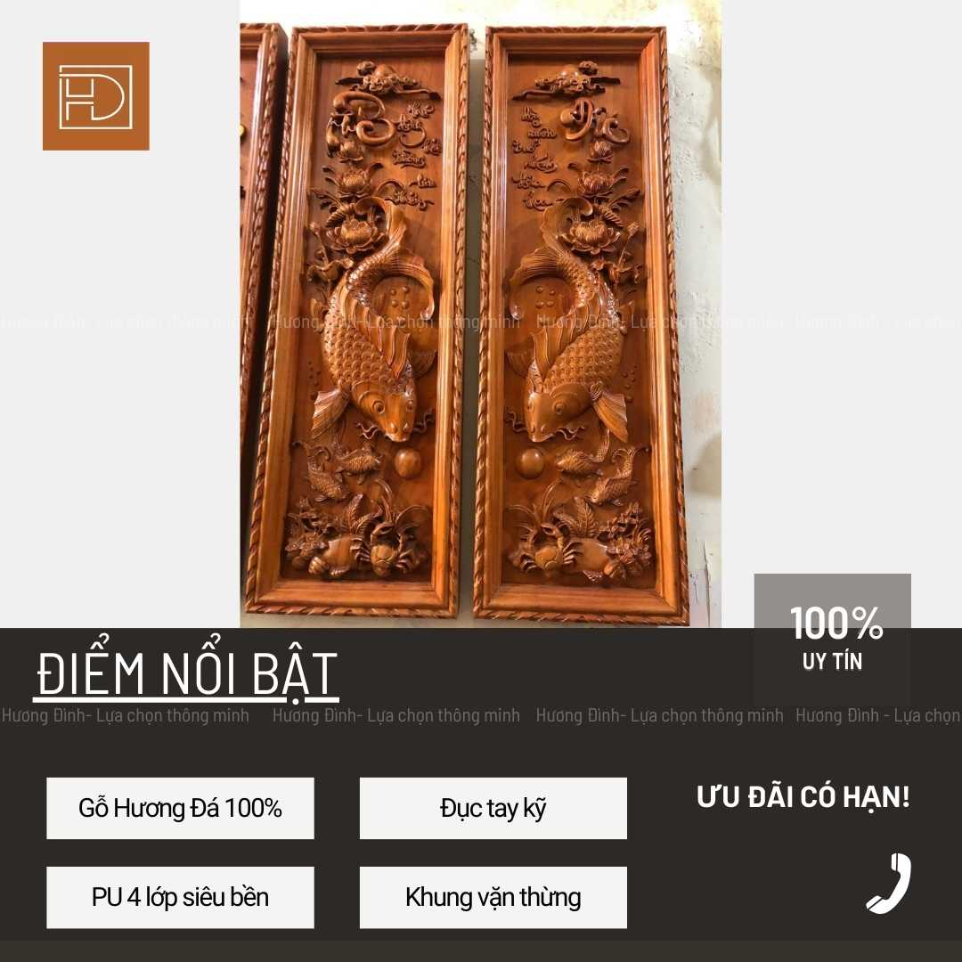 Ảnh chính diện của Tranh Lý Ngư Vọng Nguyệt Gỗ Hương Đá KT 127x42x5 T349-3