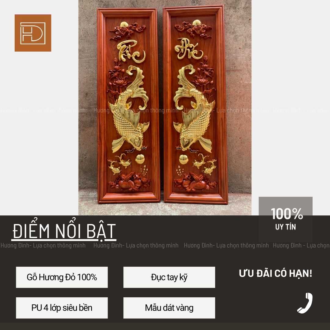 Ảnh chính diện của Tranh Lý Ngư Vọng Nguyệt Gỗ Hương Đỏ KT 107x37x4 T250-12