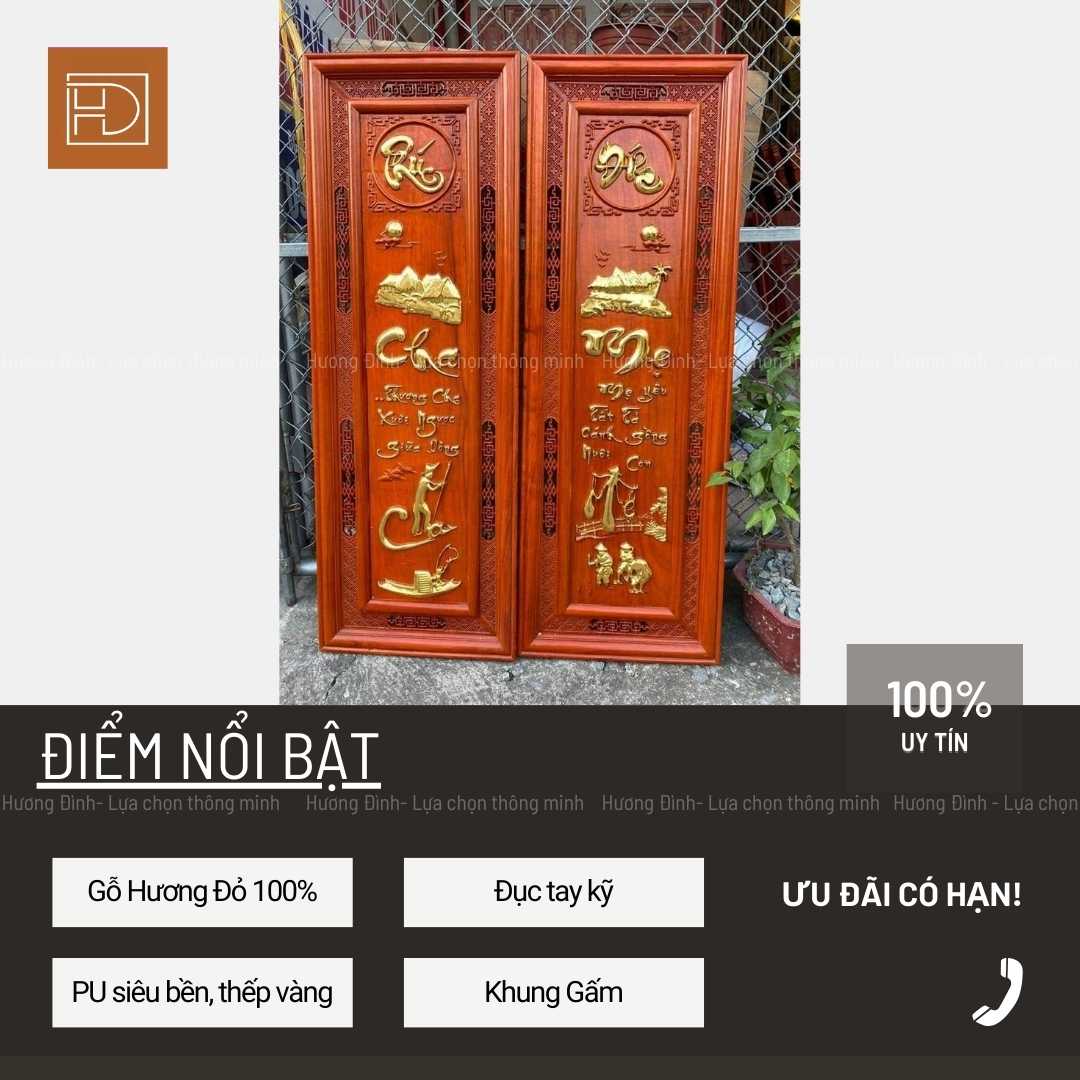 Ảnh chính diện của tranh Cha Mẹ Gỗ Hương Đỏ KT 107x37x3 Thếp Vàng T111-1