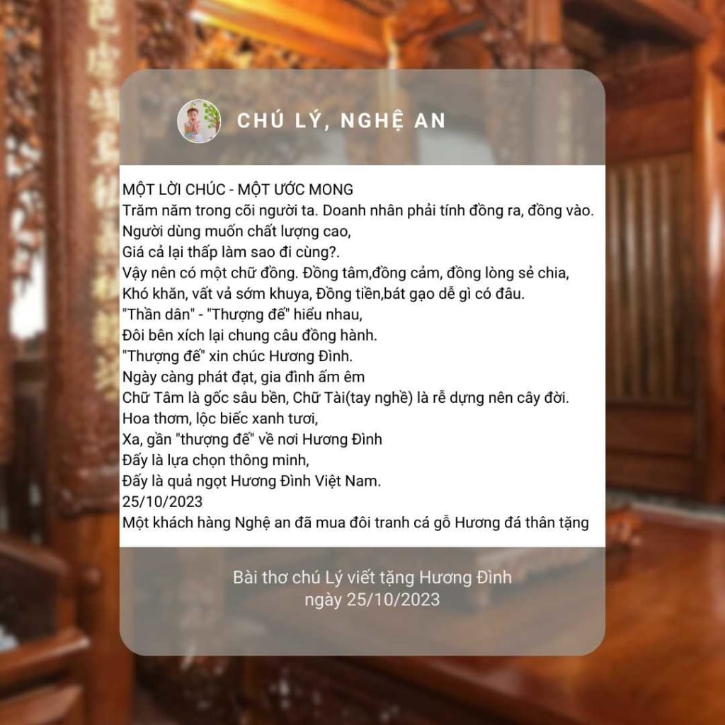 Bài thơ của một khách hàng ở Nghệ An gửi tặng Hương Đình sau khi trải nghiệm dịch vụ sản phẩm