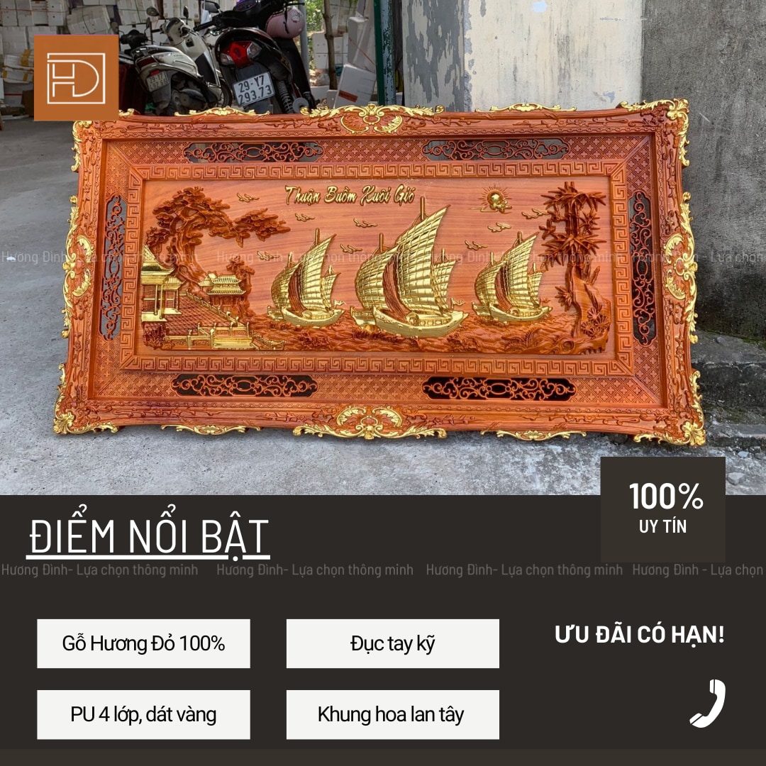 Ảnh chính diện của sản phẩm Tranh Thuận Buồm Xuôi Gió gỗ Hương Đỏ KT 127x67x4 Dát vàng 283-14