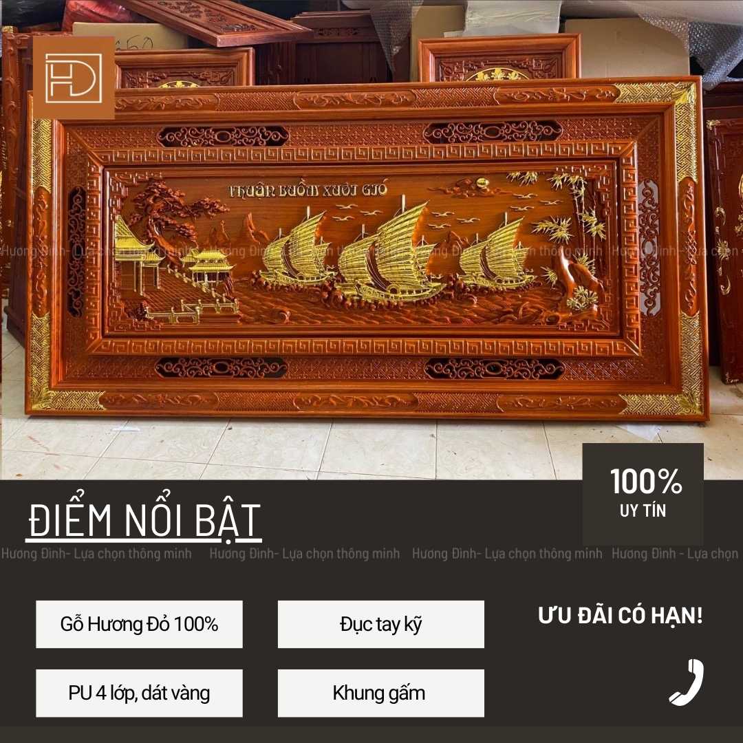 Ảnh chính diện sản phẩm Thuận Buồm Xuôi Gió gỗ hương đỏ át vàng KT 217x107x6 283-33
