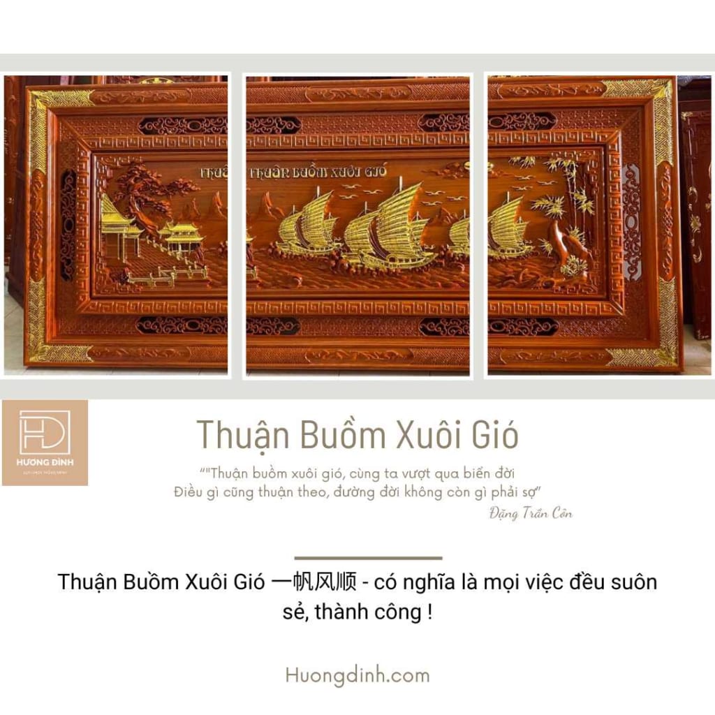 Ý nghĩa của bức tranh Thuận Buồm Xuôi Gió gỗ hương đỏ dát vàng tại Hương Đình