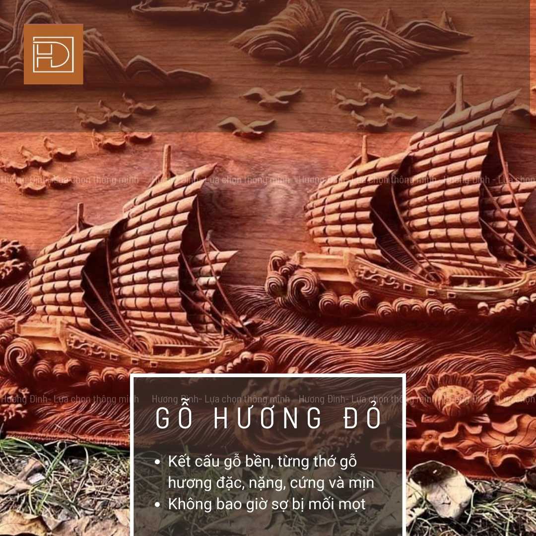 Ảnh cận cảnh rõ nét vân gỗ của sản phẩm tranh Thuận Buồm Xuôi Gió gỗ hương đỏ