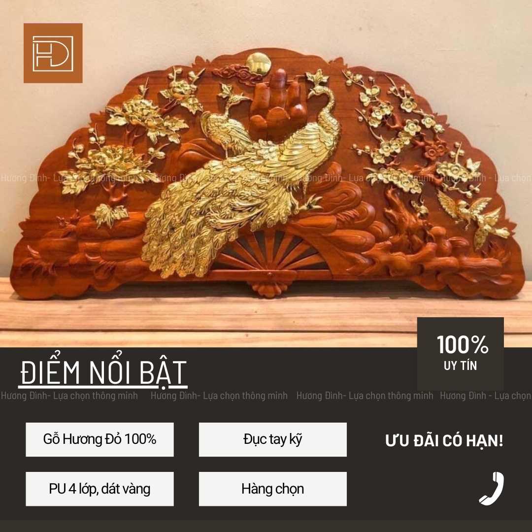 ảnh chính diện của Tranh Quạt Phu Thê Gỗ Hương Đỏ KT 100x50x4 Dát Vàng T88-4