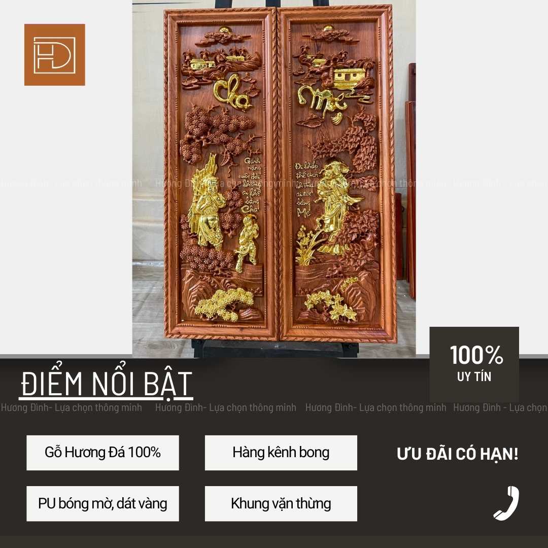 ảnh chính diện của tranh Cha Mẹ Gỗ Hương Đá KT 127x42x7 Dát Vàng T394-12