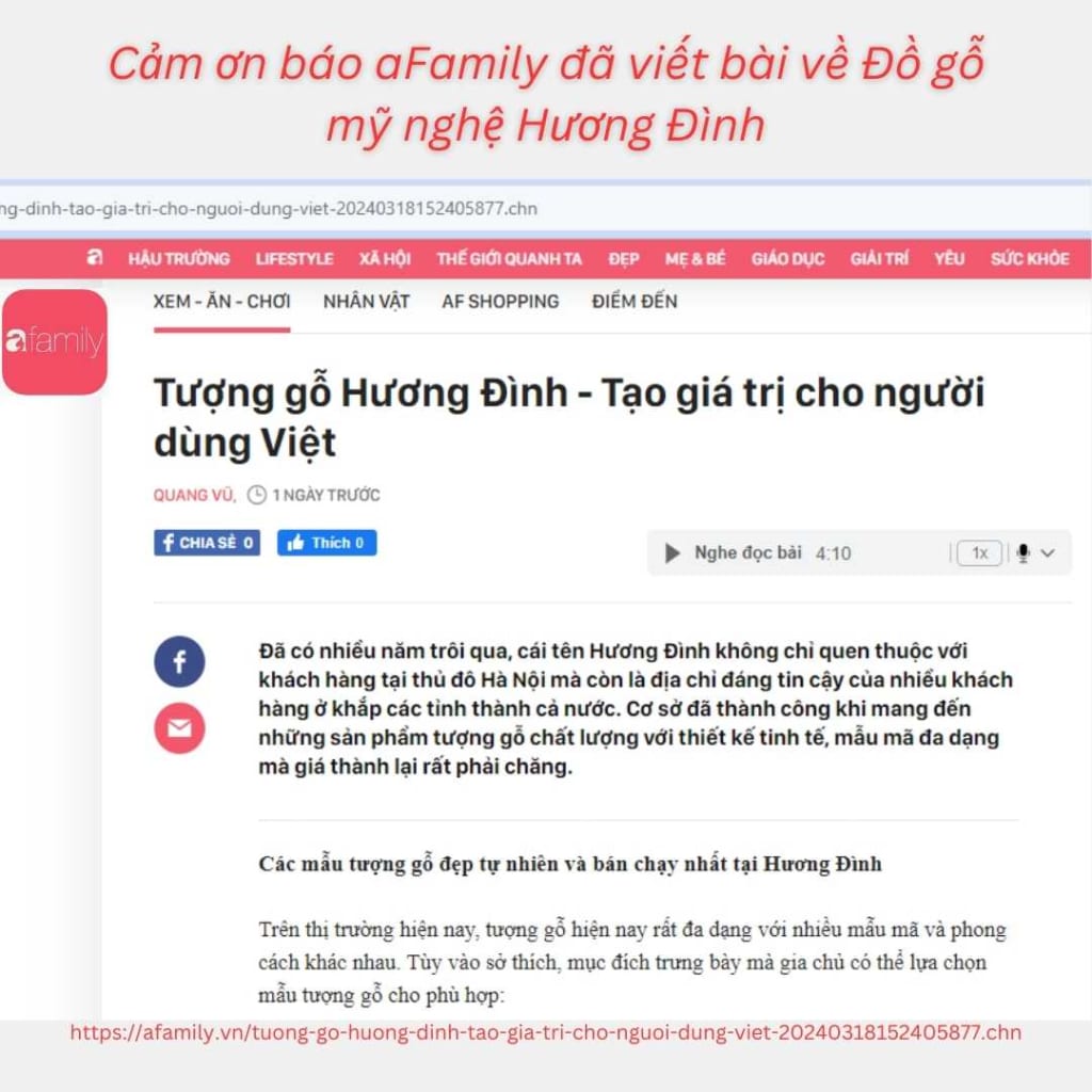 Bài báo AFamily có tiêu đề : Tượng gỗ Hương Đình tạo giá trị cho người dùng Việt