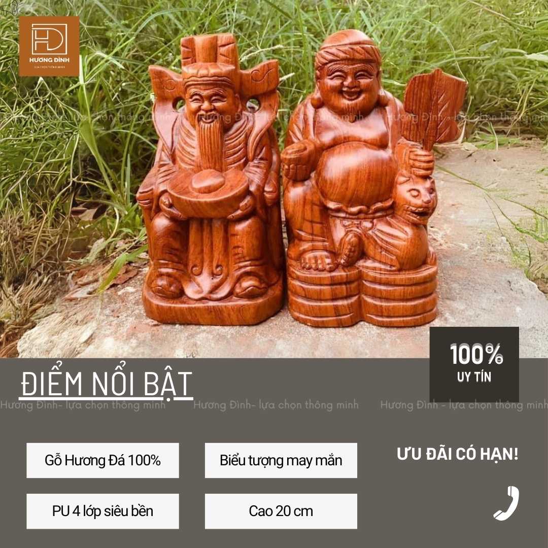 Cặp tượng hai ông Thần Tài, Thổ Địa được làm bằng gỗ hương đá có màu nâu đỏ. Ông Thần tài đội một cái mũ dạng cánh chuồn. Trên tay ông đang bê một thỏi vàng. Ông thổ địa ngồi phía bên phải ông thần tài. Ông thổ địa có bụng rất to. Trên tay trái của ông có cầm một cái quạt. Ông ngồi trên một cái đế được xếp từ các đồng tiền xu