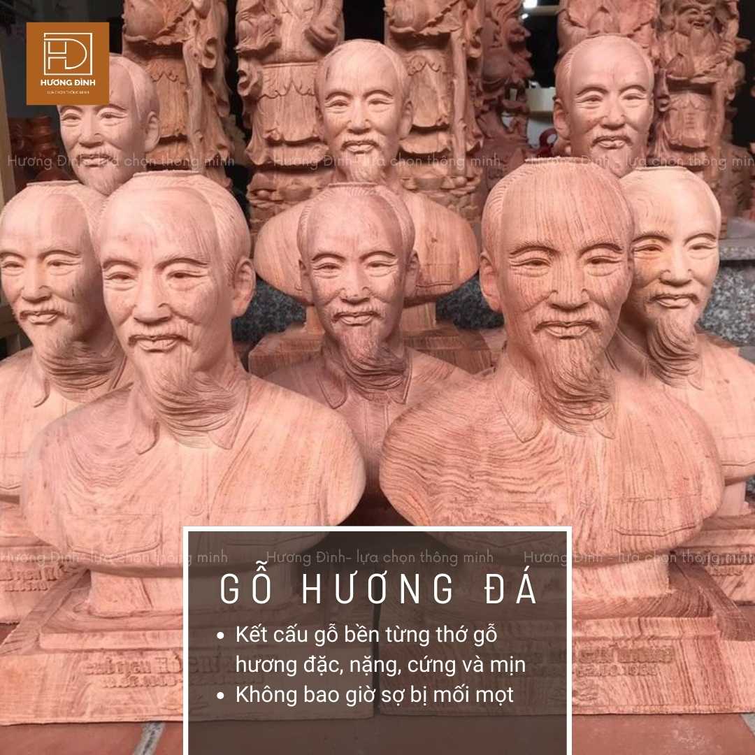 tượng gỗ của bác Hồ được làm từ gỗ hương đá có màu nâu nhạt. Trên người bác có những vết vân gỗ nhạt, mảnh và đậm. Bác có bộ râu dài và được đặt trên một cái bệ gỗ