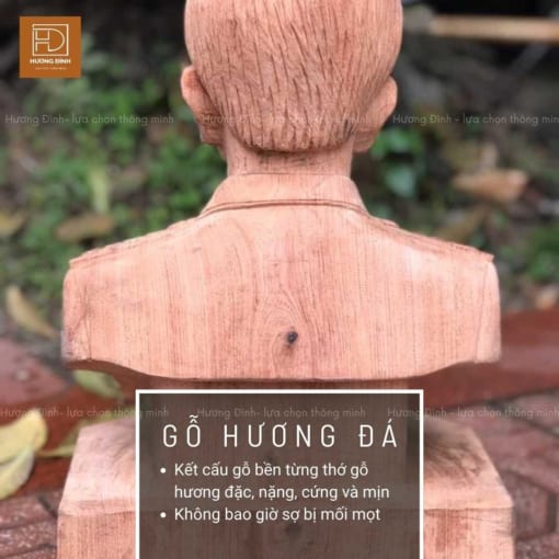 Đằng sau của bức tượng Đại tướng Võ Nguyên Giáp được làm từ gỗ có màu nâu. Trên bức tượng có những nét vân gỗ đậm nhạt dài ngắn khác nhau. Tóc bác Giáp ngắn và nhiều.