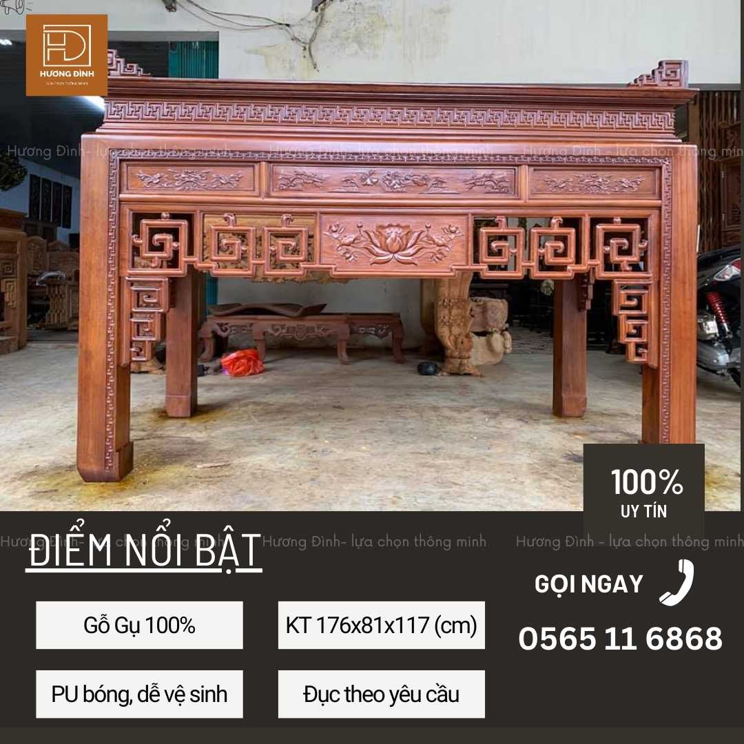 hình ảnh án gian thờ gỗ gụ được sơn màu nâu. Trên án gian có các ô vuông và hình chữ nhật to nhỏ khác nhau