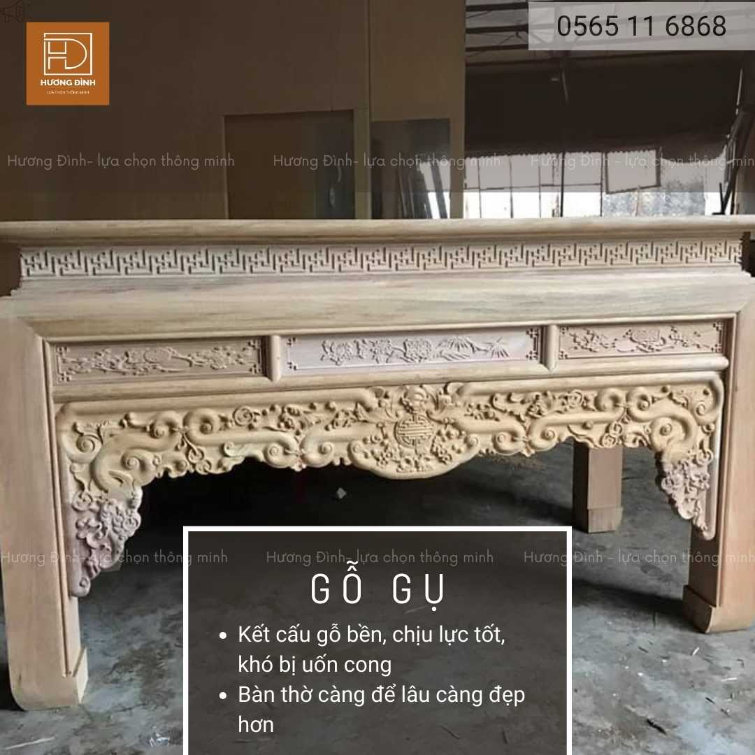 Án gian thờ gỗ gụ KT 197x97x117 3 bàn thờ làm từ gỗ gụ có màu nâu nhạt. Trên phần dạ của bàn thờ có chữ Thọ bằng chữ Hán