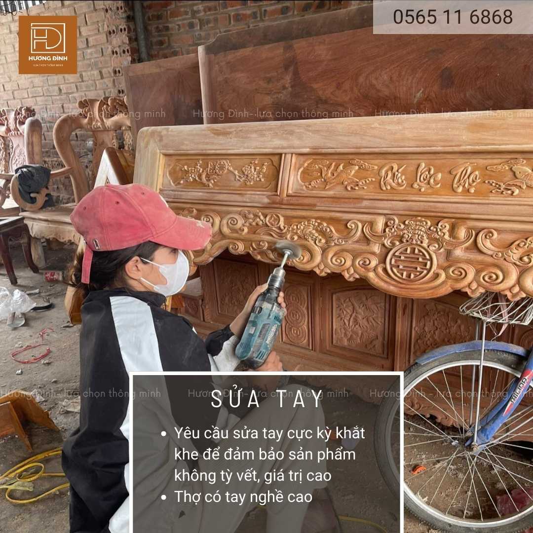Án gian thờ gỗ gụ KT 217x107x117 4 Thợ Hương Đình có tay nghề lâu năm, chắc chắn và cẩn thận