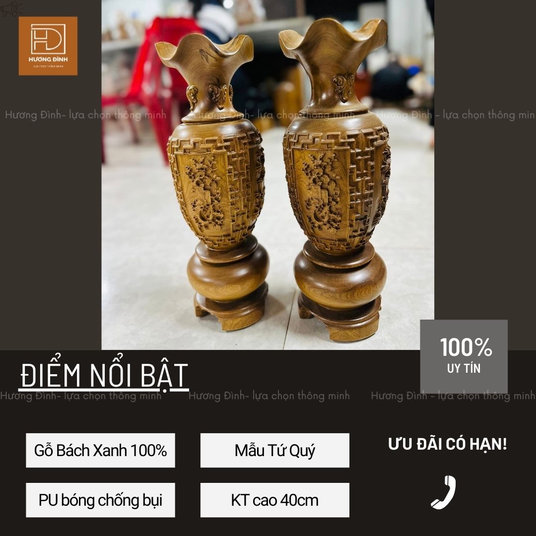 Lục Bình Gỗ Bách Xanh Chạm Tứ Quý Cao 40cm Hàng Nguyên Khối (2)