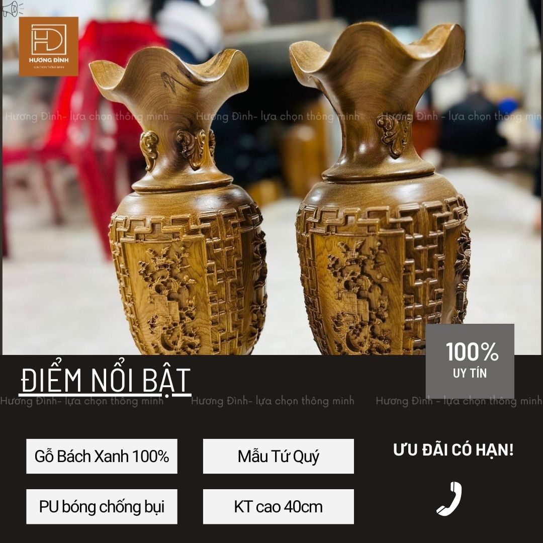 Lục Bình Gỗ Bách Xanh Chạm Tứ Quý Cao 40cm Hàng Nguyên Khối (4)