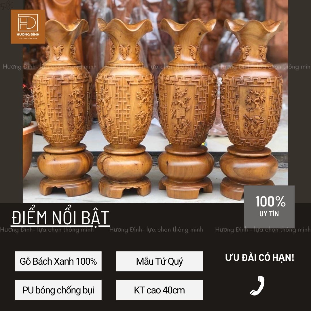 Lục Bình Gỗ Bách Xanh Chạm Tứ Quý Cao 40cm Hàng Nguyên Khối