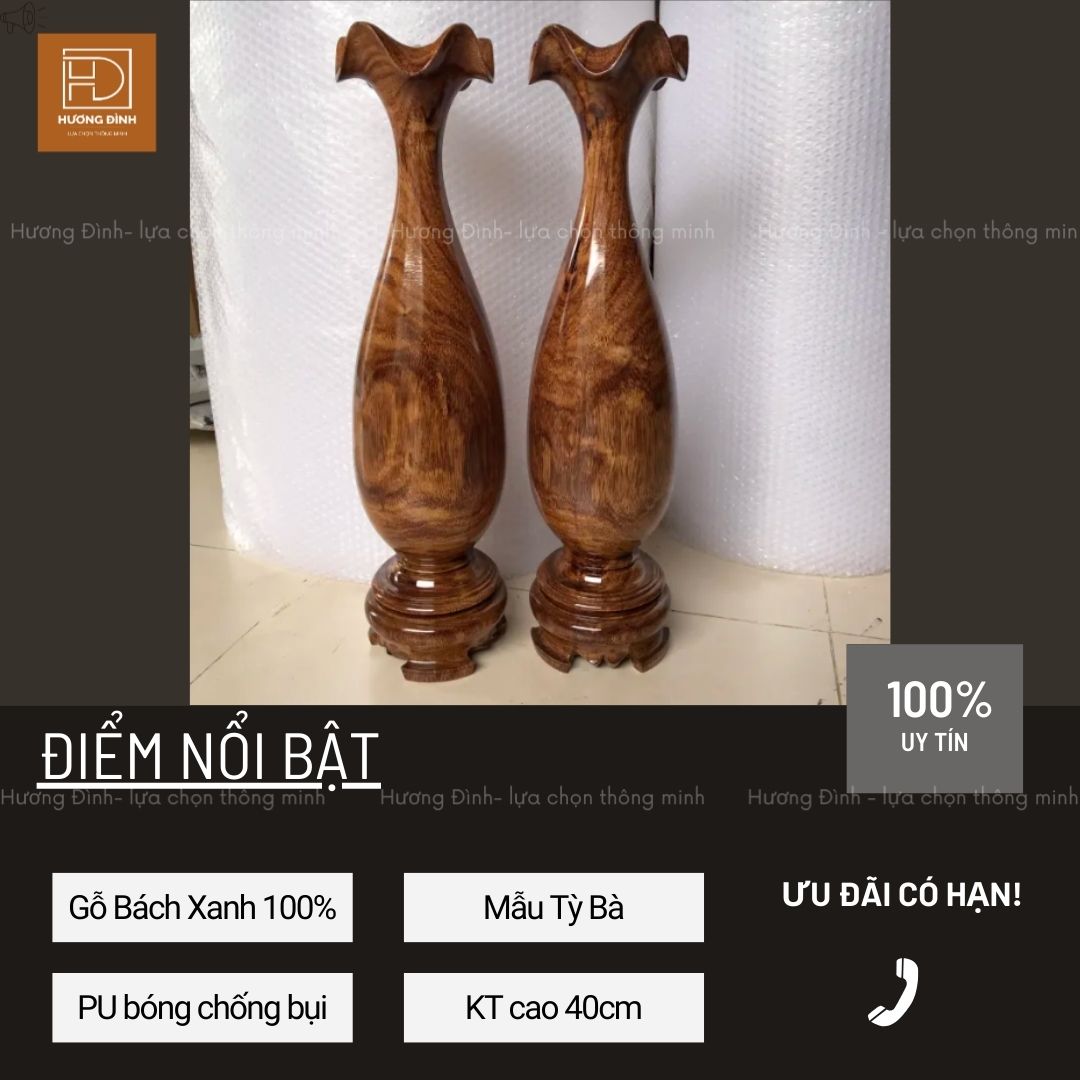 Lục Bình Tỳ Bà Gỗ Bách Xanh Cao 40cm Hàng Nguyên Khối