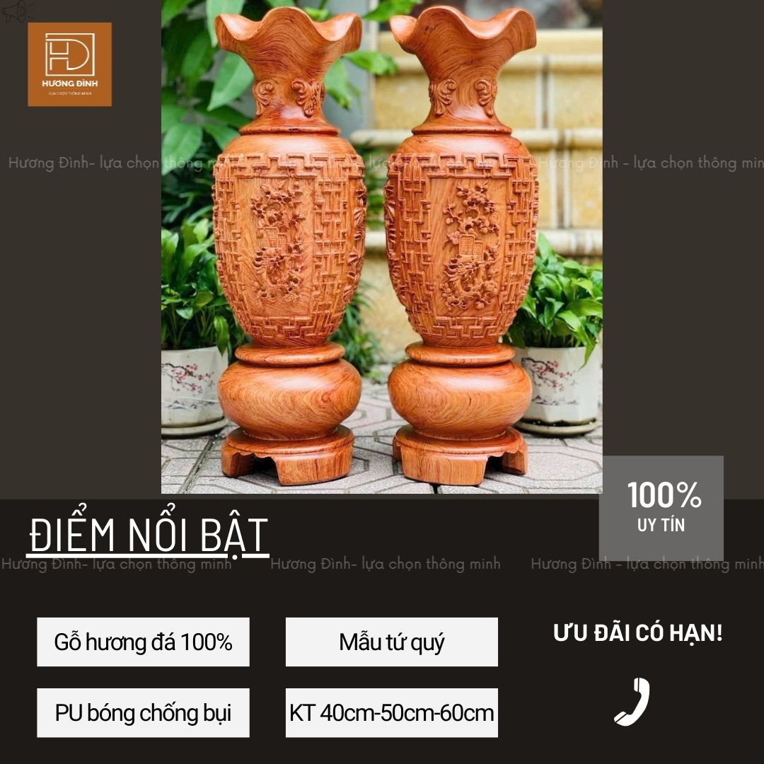 Lục bình gỗ hương đá chạm tứ quý LB290-9 (2)