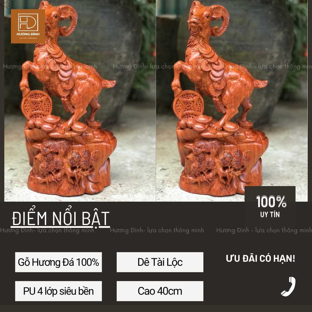 Tượng dê cao 40cm TD292-3 Tượng con dê bằng gỗ